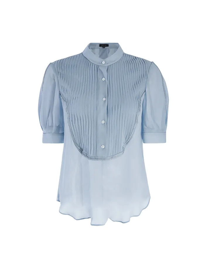 MARYLING Blouse U Shaped Pleated Puff Sleeves Silk Top Blue 8211 Women MARYLING Blouse U Shaped Pleated Puff Sleeves Silk Top Blue 8211 Women