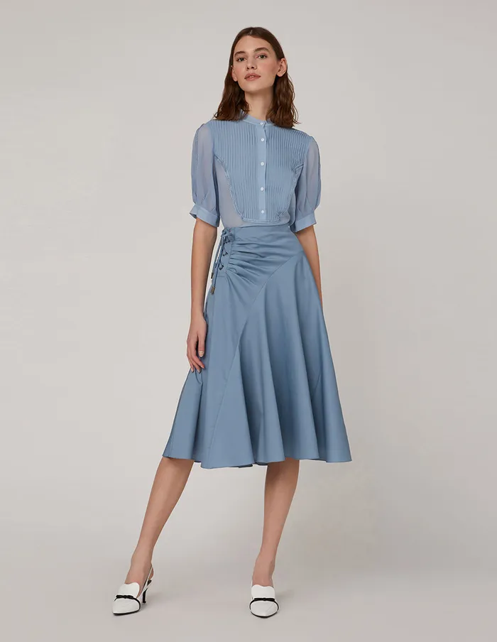 MARYLING Blouse U Shaped Pleated Puff Sleeves Silk Top Blue 8211 Women MARYLING Blouse U Shaped Pleated Puff Sleeves Silk Top Blue 8211 Women