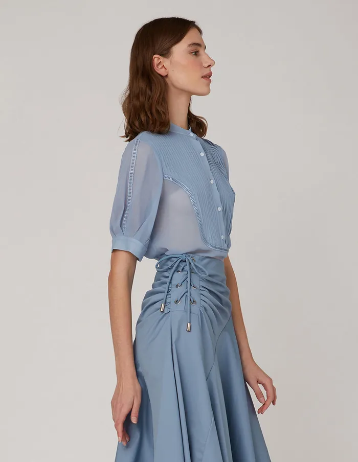 MARYLING Blouse U Shaped Pleated Puff Sleeves Silk Top Blue 8211 Women MARYLING Blouse U Shaped Pleated Puff Sleeves Silk Top Blue 8211 Women