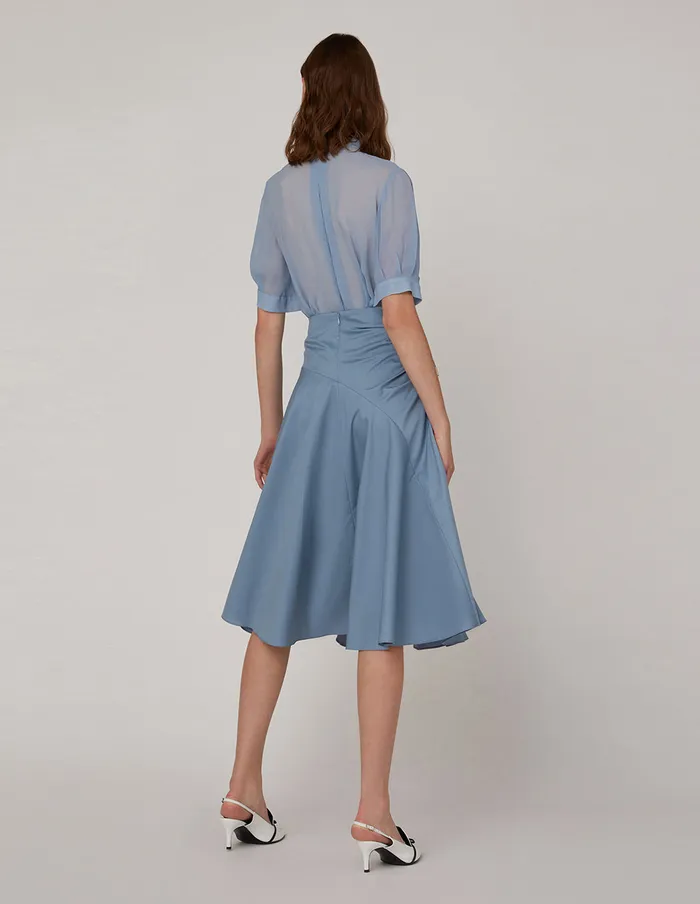 MARYLING Blouse U Shaped Pleated Puff Sleeves Silk Top Blue 8211 Women MARYLING Blouse U Shaped Pleated Puff Sleeves Silk Top Blue 8211 Women