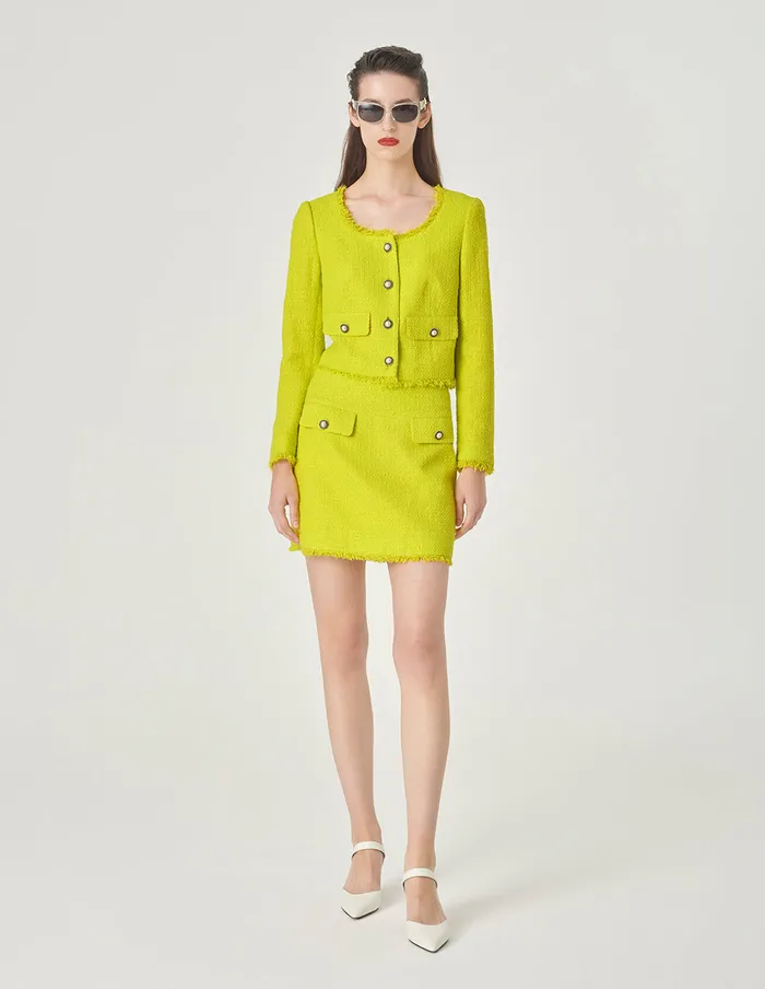 MARYLING Jacket and Coat Bright Yellow Crew Neck Tassel Detail Tweed Short Jacket Yellow 8211 Women MARYLING Jacket and Coat Bright Yellow Crew Neck Tassel Detail Tweed Short Jacket Yellow 8211 Women