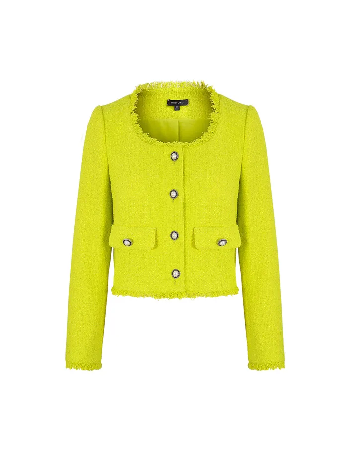 MARYLING Jacket and Coat Bright Yellow Crew Neck Tassel Detail Tweed Short Jacket Yellow 8211 Women MARYLING Jacket and Coat Bright Yellow Crew Neck Tassel Detail Tweed Short Jacket Yellow 8211 Women