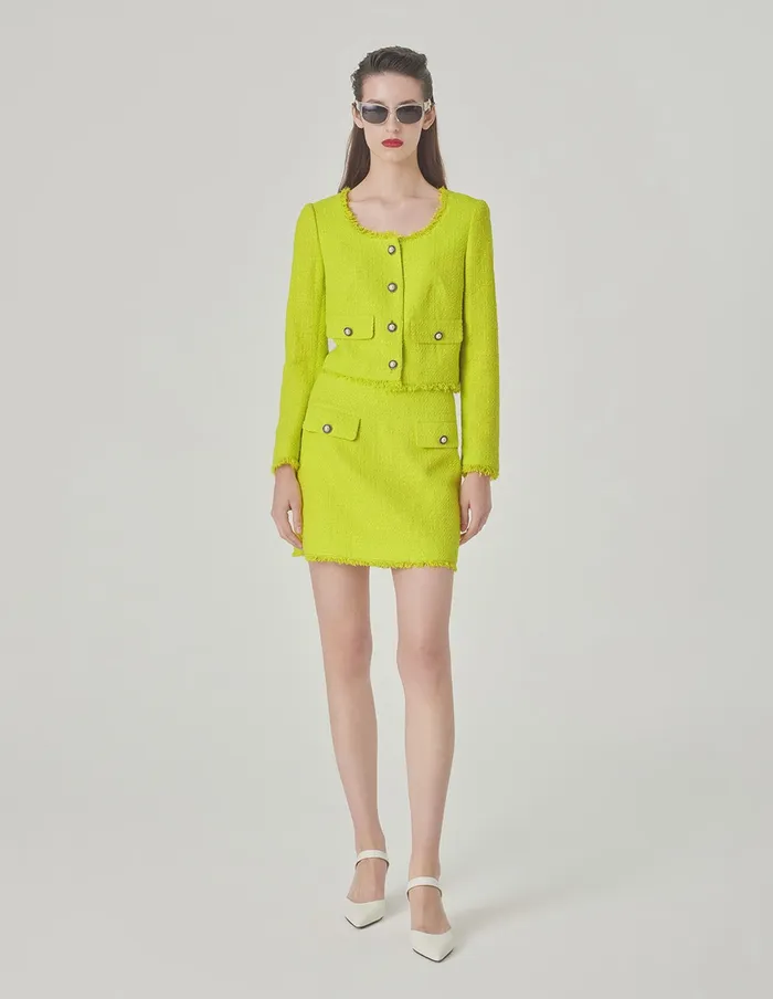 MARYLING Jacket and Coat Bright Yellow Crew Neck Tassel Detail Tweed Short Jacket Yellow 8211 Women MARYLING Jacket and Coat Bright Yellow Crew Neck Tassel Detail Tweed Short Jacket Yellow 8211 Women