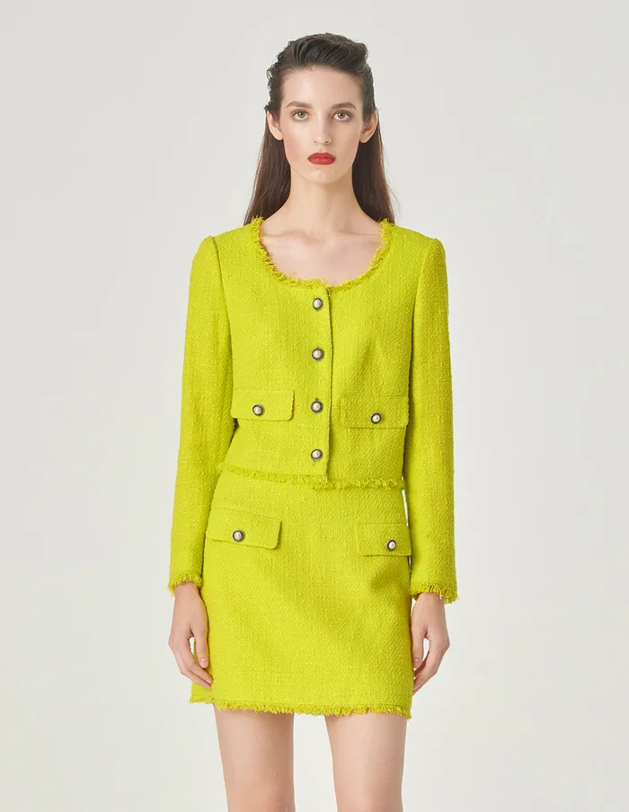 MARYLING Jacket and Coat Bright Yellow Crew Neck Tassel Detail Tweed Short Jacket Yellow 8211 Women MARYLING Jacket and Coat Bright Yellow Crew Neck Tassel Detail Tweed Short Jacket Yellow 8211 Women