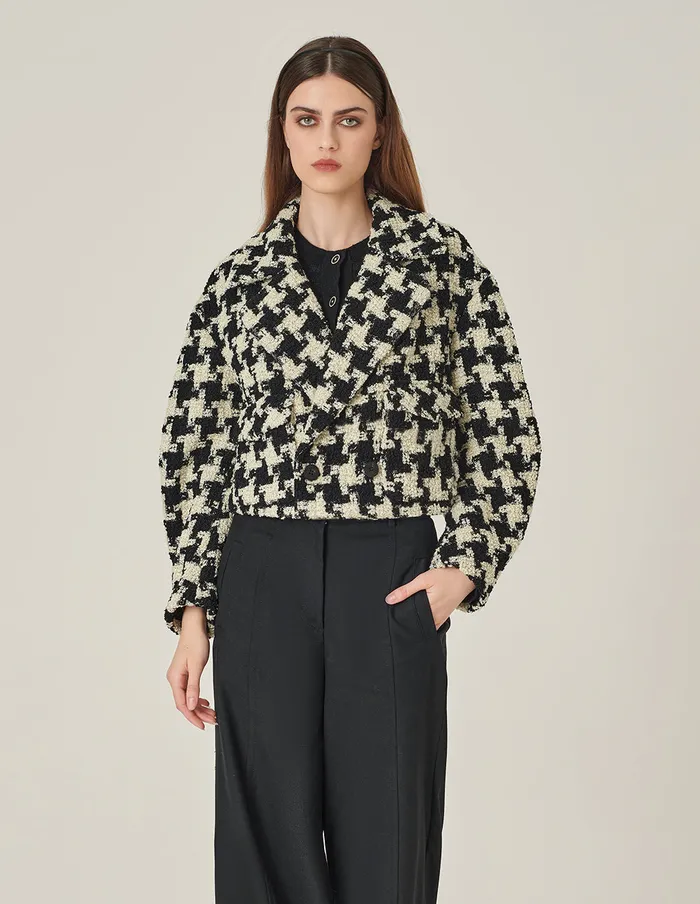 MARYLING Jacket and Coat Lapel LongSleeve HShaped Houndstooth Cropped Coat Houndstooth 8211 Women MARYLING Jacket and Coat Lapel LongSleeve HShaped Houndstooth Cropped Coat Houndstooth 8211 Women