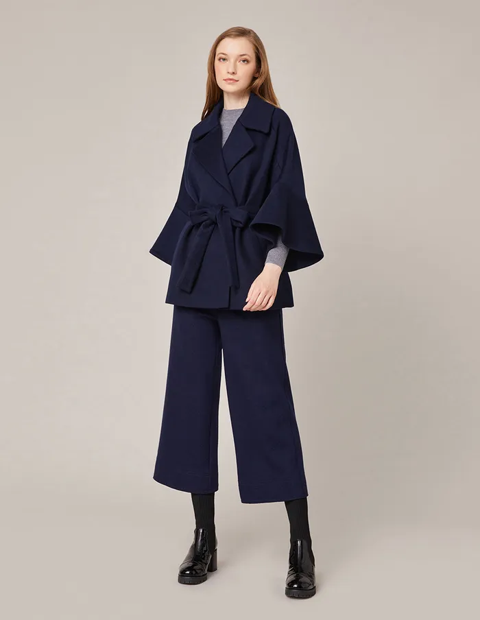 MARYLING Jacket and Coat Lapel Wool Ruffle Sleeve Belted Jacket Dark Blue 8211 Women MARYLING Jacket and Coat Lapel Wool Ruffle Sleeve Belted Jacket Dark Blue 8211 Women