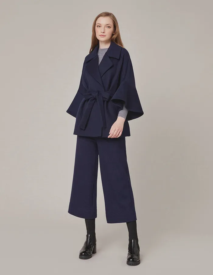 MARYLING Jacket and Coat Lapel Wool Ruffle Sleeve Belted Jacket Dark Blue 8211 Women