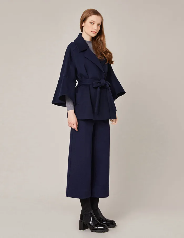 MARYLING Jacket and Coat Lapel Wool Ruffle Sleeve Belted Jacket Dark Blue 8211 Women