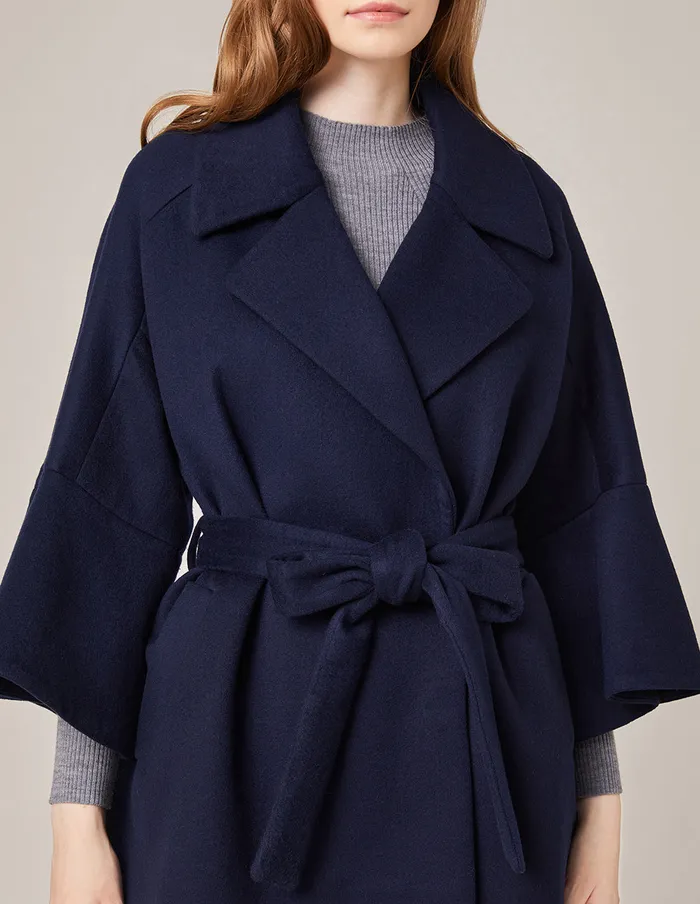 MARYLING Jacket and Coat Lapel Wool Ruffle Sleeve Belted Jacket Dark Blue 8211 Women