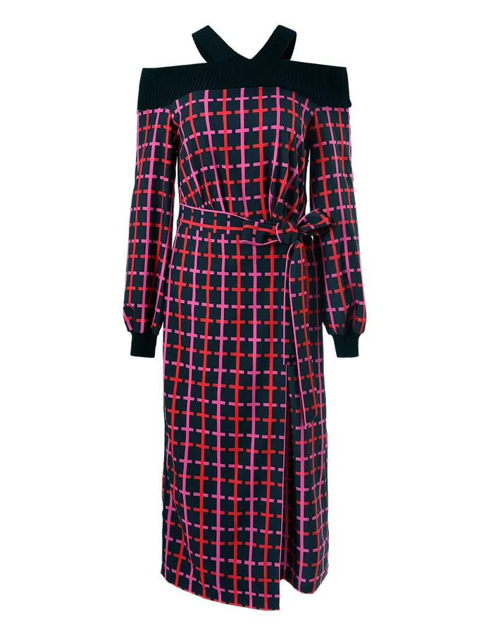 MARYLING Knit Dress VNECK KNIT SPLICED CHECKED DRESS Black 8211 Women MARYLING Knit Dress VNECK KNIT SPLICED CHECKED DRESS Black 8211 Women