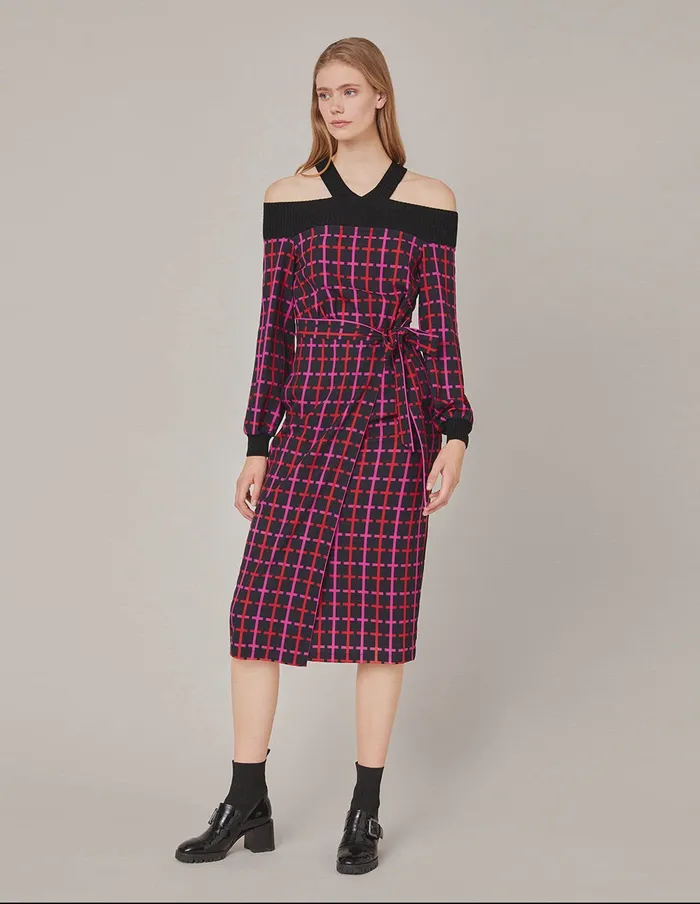 MARYLING Knit Dress VNECK KNIT SPLICED CHECKED DRESS Black 8211 Women MARYLING Knit Dress VNECK KNIT SPLICED CHECKED DRESS Black 8211 Women