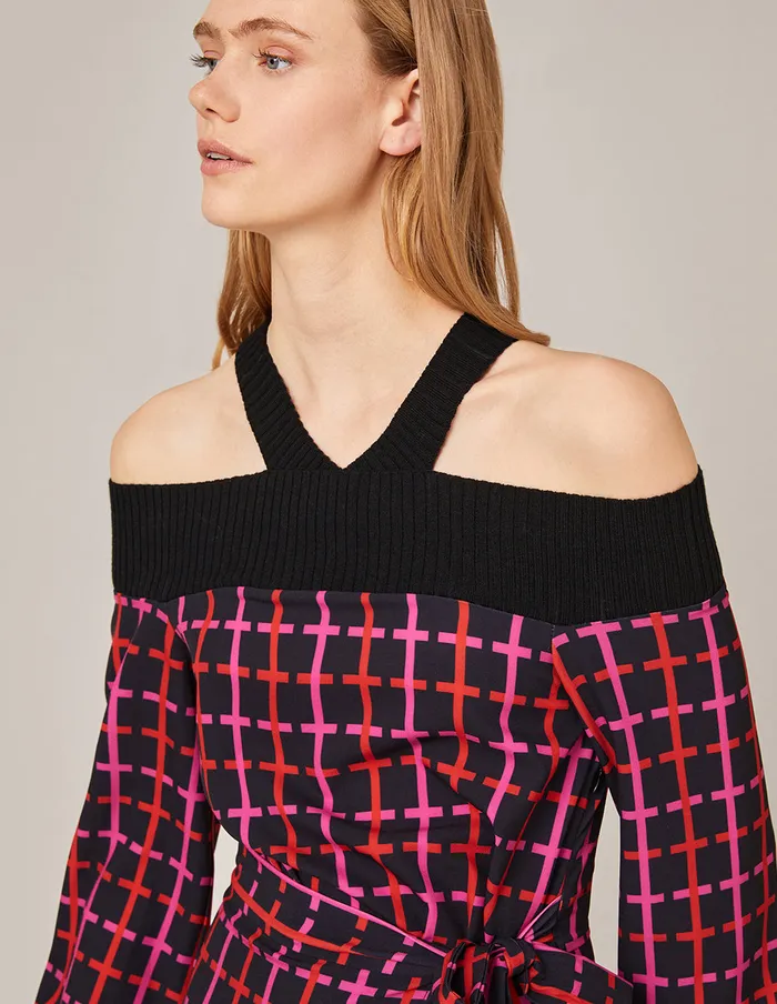 MARYLING Knit Dress VNECK KNIT SPLICED CHECKED DRESS Black 8211 Women MARYLING Knit Dress VNECK KNIT SPLICED CHECKED DRESS Black 8211 Women