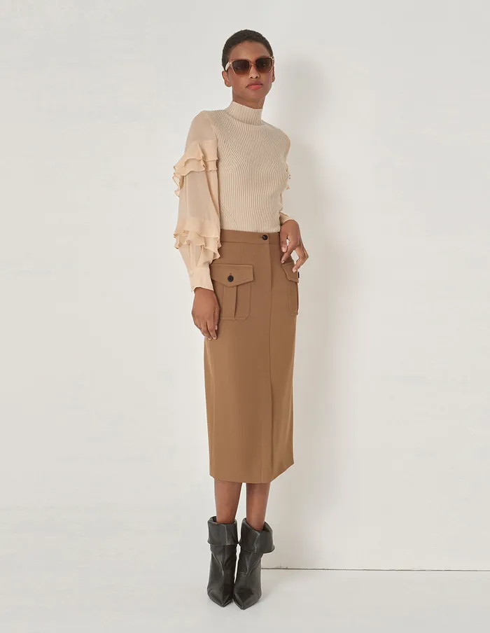 MARYLING Knitwear Apricot Ruffle Knit Woven Top Camel 8211 Women