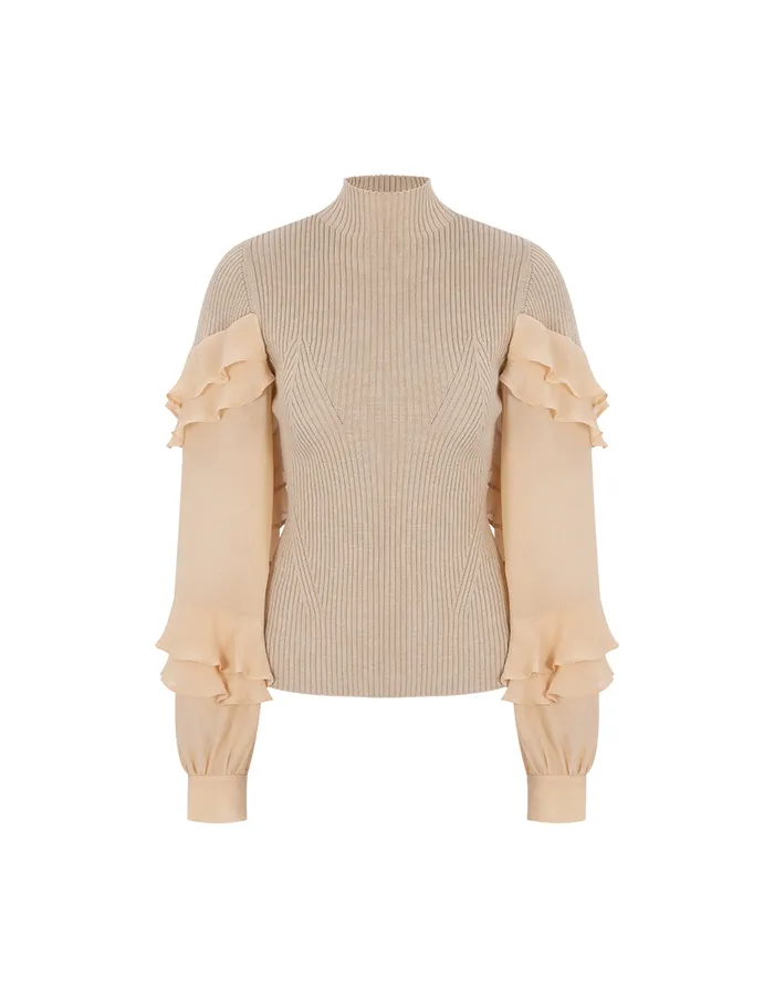 MARYLING Knitwear Apricot Ruffle Knit Woven Top Camel 8211 Women MARYLING Knitwear Apricot Ruffle Knit Woven Top Camel 8211 Women