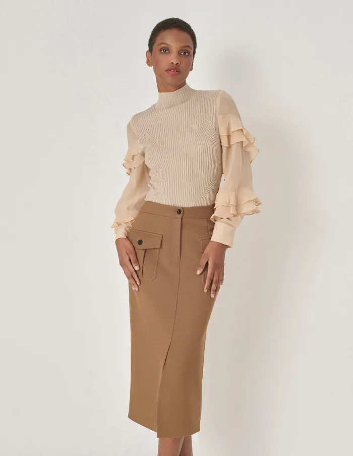 MARYLING Knitwear Apricot Ruffle Knit Woven Top Camel 8211 Women MARYLING Knitwear Apricot Ruffle Knit Woven Top Camel 8211 Women