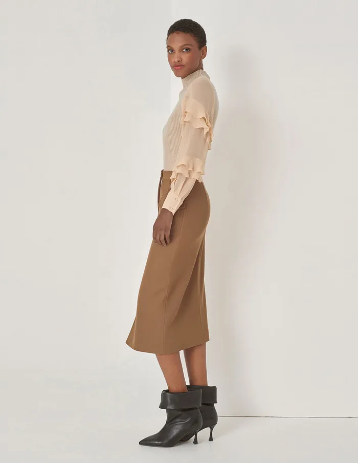 MARYLING Knitwear Apricot Ruffle Knit Woven Top Camel 8211 Women MARYLING Knitwear Apricot Ruffle Knit Woven Top Camel 8211 Women
