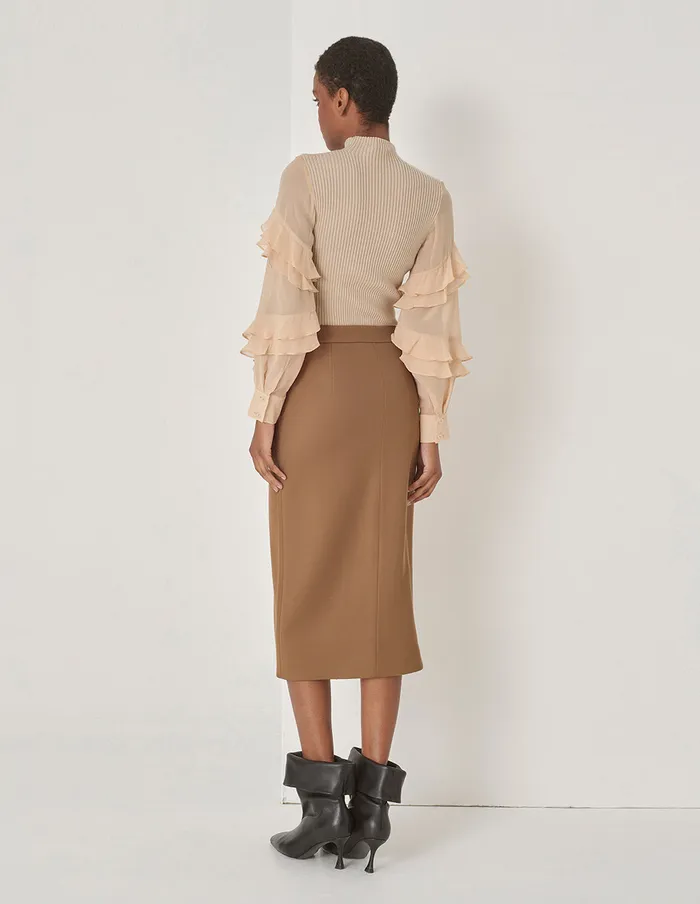 MARYLING Knitwear Apricot Ruffle Knit Woven Top Camel 8211 Women MARYLING Knitwear Apricot Ruffle Knit Woven Top Camel 8211 Women