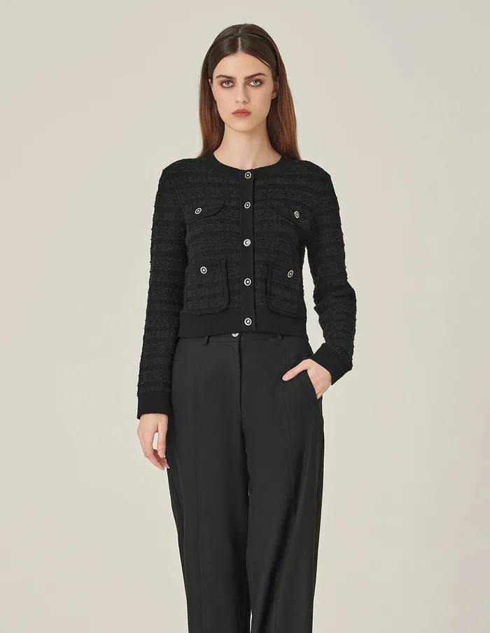 MARYLING Knitwear Black Round Neck Dark Texture Cropped Knitted Cardigan Black 8211 Women MARYLING Knitwear Black Round Neck Dark Texture Cropped Knitted Cardigan Black 8211 Women