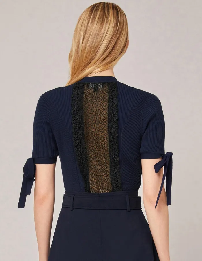 MARYLING Knitwear BOWDETAIL CREWNECK POINTELLE SWEATER Midnight Blue 8211 Women MARYLING Knitwear BOWDETAIL CREWNECK POINTELLE SWEATER Midnight Blue 8211 Women