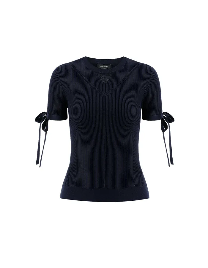 MARYLING Knitwear BOWDETAIL CREWNECK POINTELLE SWEATER Midnight Blue 8211 Women MARYLING Knitwear BOWDETAIL CREWNECK POINTELLE SWEATER Midnight Blue 8211 Women