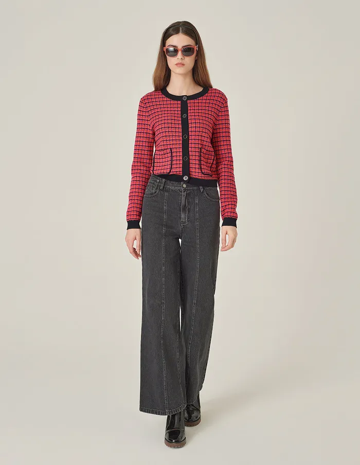 MARYLING Knitwear CrewNeck Plaid LongSleeve Cropped Tweed Knitted Cardigan Checkes 8211 Women