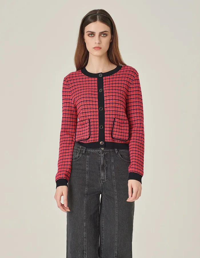 MARYLING Knitwear CrewNeck Plaid LongSleeve Cropped Tweed Knitted Cardigan Checkes 8211 Women MARYLING Knitwear CrewNeck Plaid LongSleeve Cropped Tweed Knitted Cardigan Checkes 8211 Women
