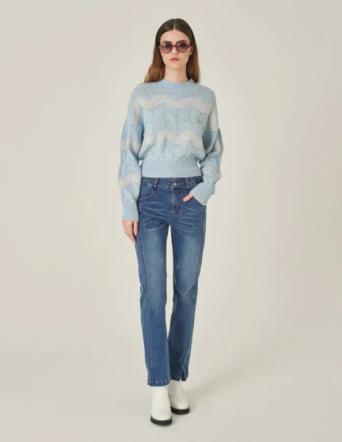 MARYLING Knitwear Crew Neck Striped Sequined LongSleeve Knitted Pullover Light Blue 8211 Women MARYLING Knitwear Crew Neck Striped Sequined LongSleeve Knitted Pullover Light Blue 8211 Women