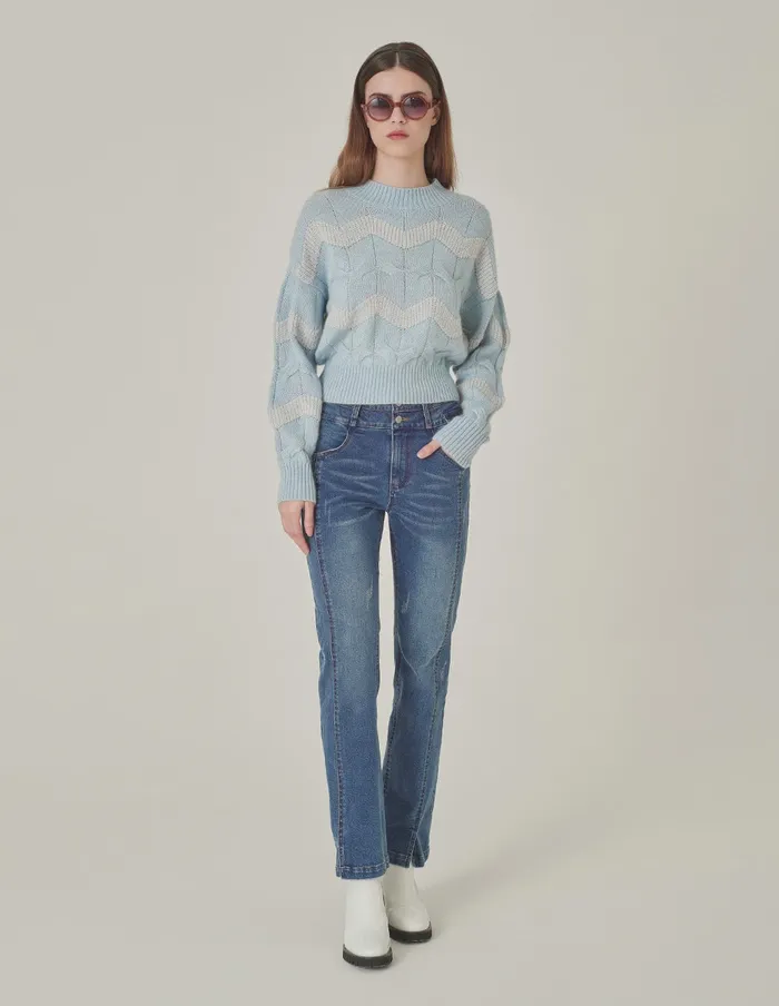 MARYLING Knitwear Crew Neck Striped Sequined LongSleeve Knitted Pullover Light Blue 8211 Women MARYLING Knitwear Crew Neck Striped Sequined LongSleeve Knitted Pullover Light Blue 8211 Women