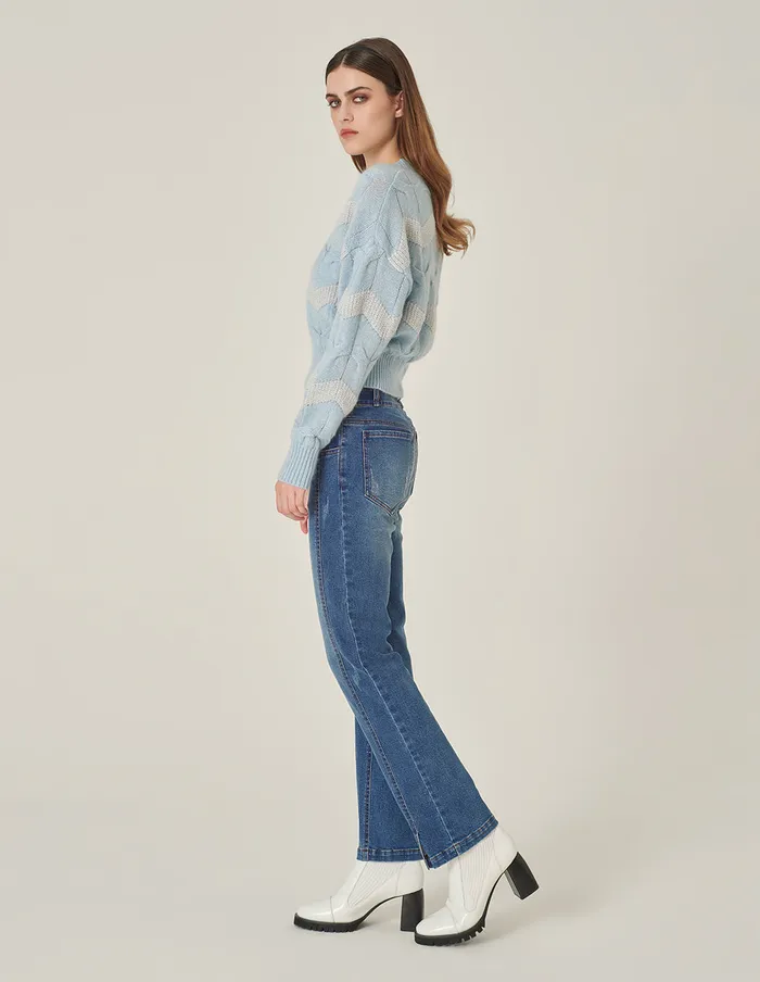 MARYLING Knitwear Crew Neck Striped Sequined LongSleeve Knitted Pullover Light Blue 8211 Women MARYLING Knitwear Crew Neck Striped Sequined LongSleeve Knitted Pullover Light Blue 8211 Women