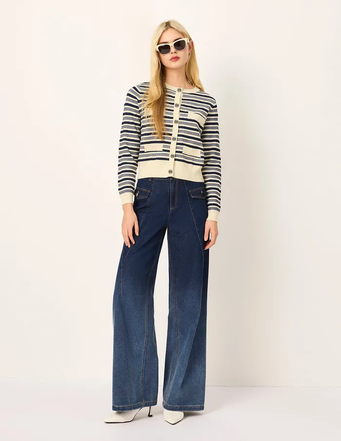 MARYLING Knitwear Round Neck Long Sleeve Striped MutilPockets Cardigan Cream 8211 Women MARYLING Knitwear Round Neck Long Sleeve Striped MutilPockets Cardigan Cream 8211 Women