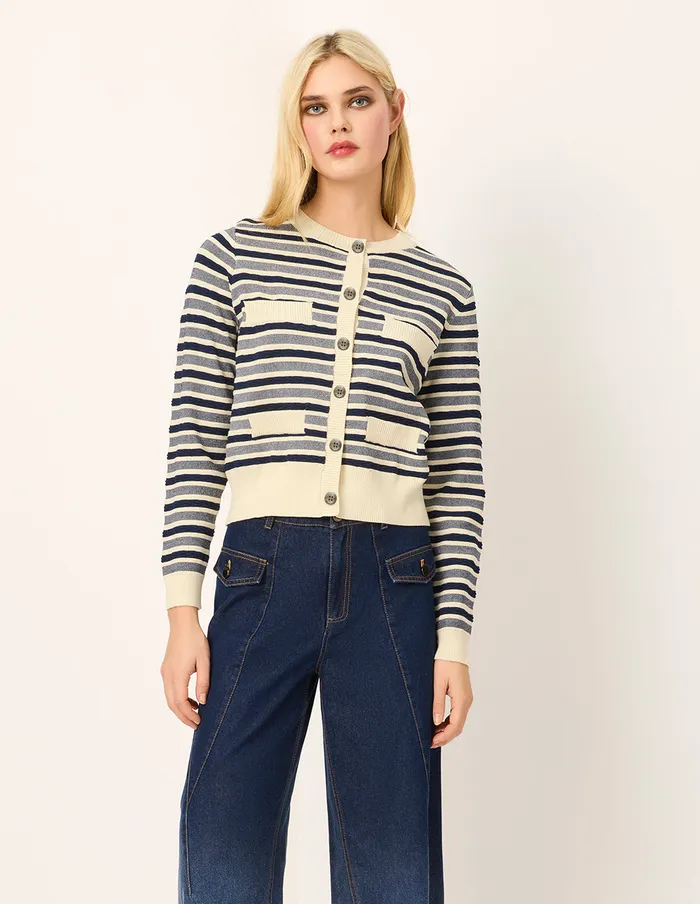 MARYLING Knitwear Round Neck Long Sleeve Striped MutilPockets Cardigan Cream 8211 Women MARYLING Knitwear Round Neck Long Sleeve Striped MutilPockets Cardigan Cream 8211 Women