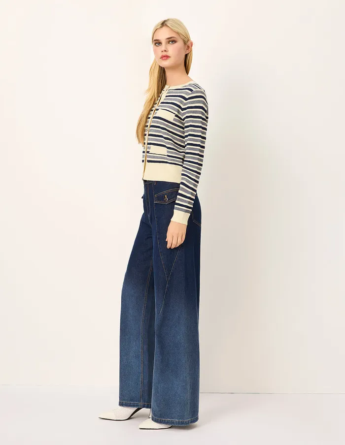 MARYLING Knitwear Round Neck Long Sleeve Striped MutilPockets Cardigan Cream 8211 Women MARYLING Knitwear Round Neck Long Sleeve Striped MutilPockets Cardigan Cream 8211 Women