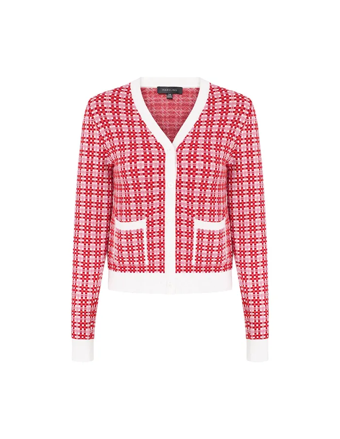 MARYLING Knitwear VNeck Red and White Checkered Long Sleeve Cardigan Red 8211 Women MARYLING Knitwear VNeck Red and White Checkered Long Sleeve Cardigan Red 8211 Women