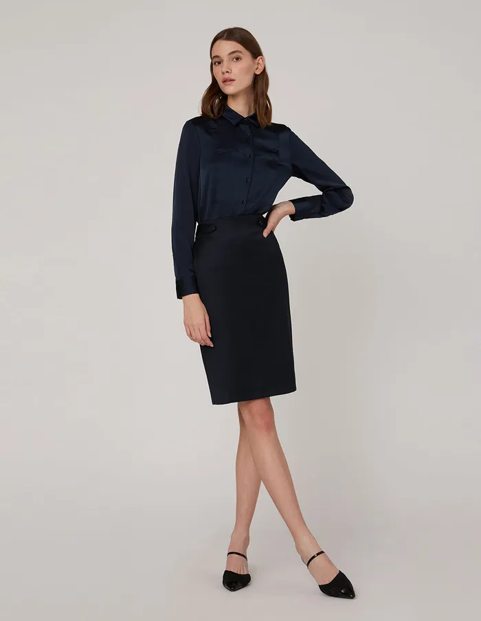 MARYLING Offce Dress Dark Blue LONG SLEEVES SILK SHIRT Blue 8211 Women