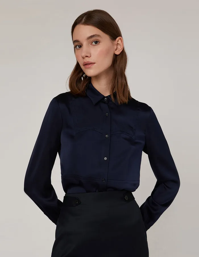 MARYLING Offce Dress Dark Blue LONG SLEEVES SILK SHIRT Blue 8211 Women MARYLING Offce Dress Dark Blue LONG SLEEVES SILK SHIRT Blue 8211 Women