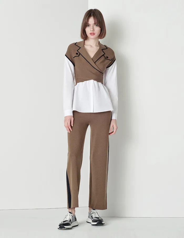 MARYLING Pants and Shorts Beige Tie Rope Black Edge Wideleg Knitted Trousers Mix 8211 Women MARYLING Pants and Shorts Beige Tie Rope Black Edge Wideleg Knitted Trousers Mix 8211 Women