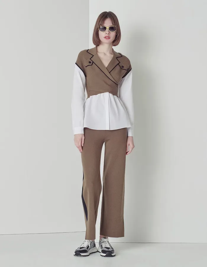 MARYLING Pants and Shorts Beige Tie Rope Black Edge Wideleg Knitted Trousers Mix 8211 Women MARYLING Pants and Shorts Beige Tie Rope Black Edge Wideleg Knitted Trousers Mix 8211 Women