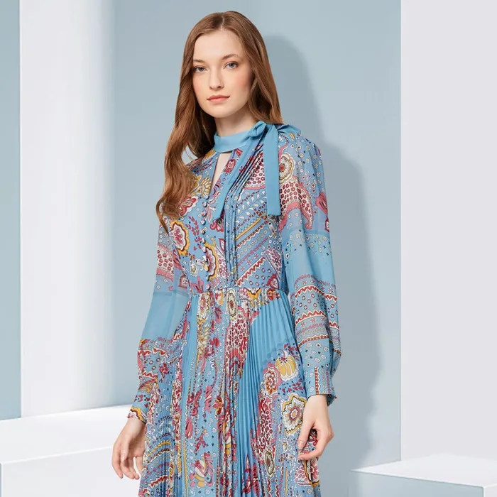 MARYLING Printed Dress Georgette Artistic Print VNeck Pleated Midi Dress Light Sky Blue 8211 Women MARYLING Printed Dress Georgette Artistic Print VNeck Pleated Midi Dress Light Sky Blue 8211 Women