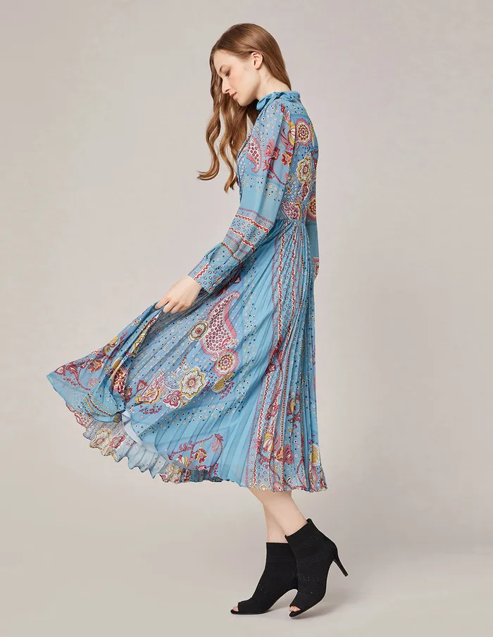MARYLING Printed Dress Georgette Artistic Print VNeck Pleated Midi Dress Light Sky Blue 8211 Women MARYLING Printed Dress Georgette Artistic Print VNeck Pleated Midi Dress Light Sky Blue 8211 Women