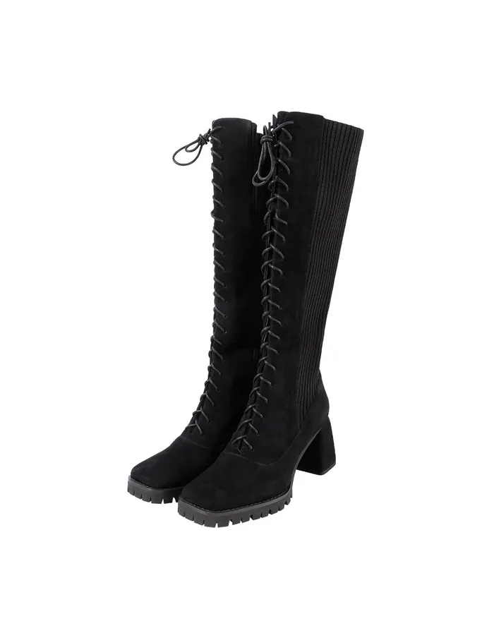 MARYLING Shoes Square Toe Highheeled Knitted Stitched Sheepskin Boots Black 8211 Women