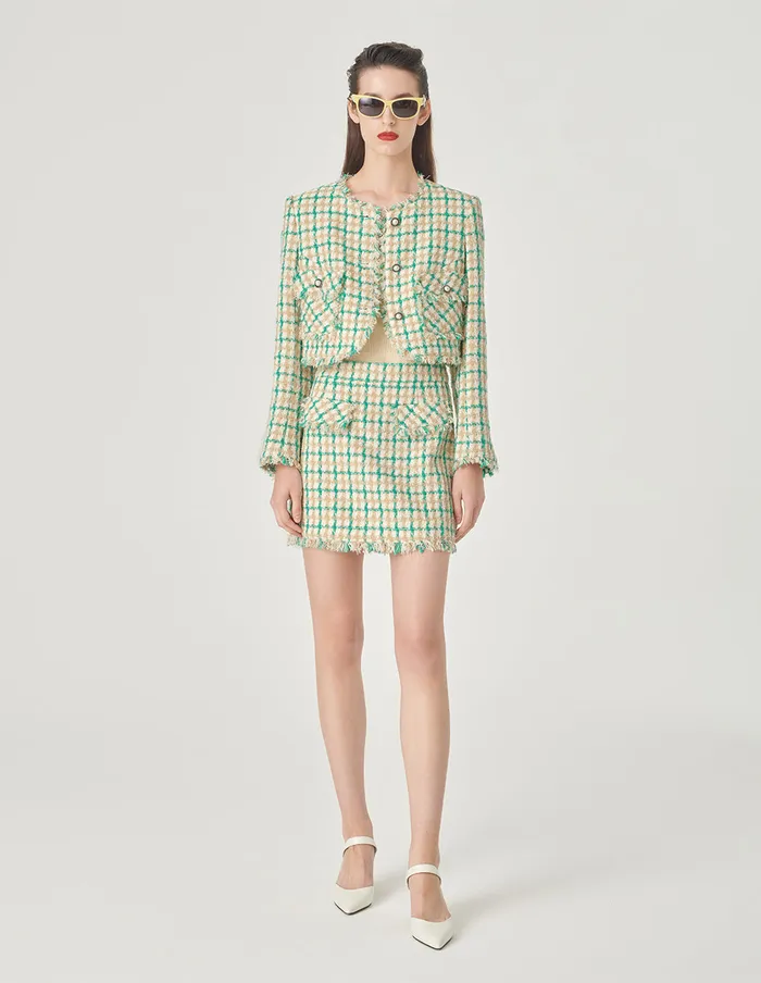 MARYLING Skirts Plaid Tweed Small A Line Skirt Green 8211 Women
