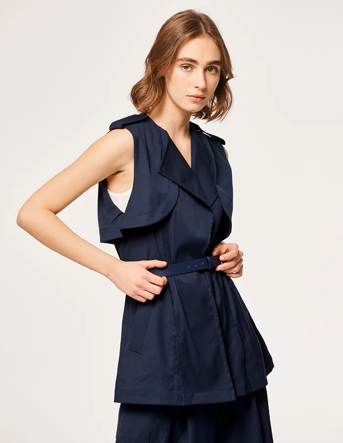 MARYLING Slip Dress Lapel Sleeveless Belted Vest Dark Blue 8211 Women