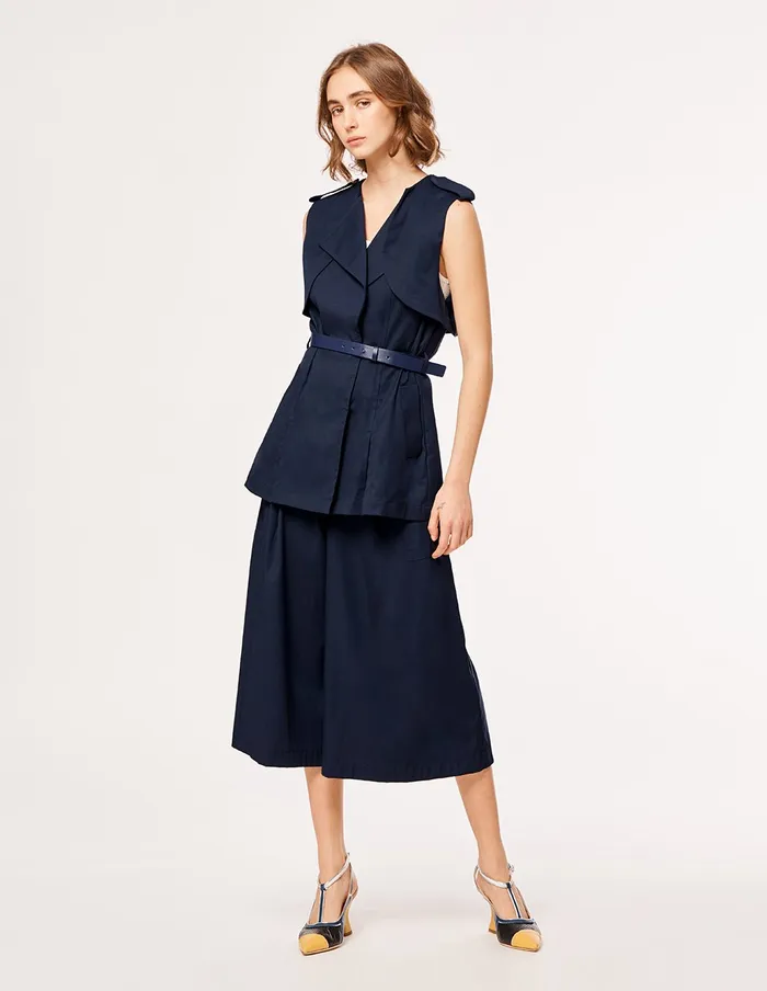 MARYLING Slip Dress Lapel Sleeveless Belted Vest Dark Blue 8211 Women
