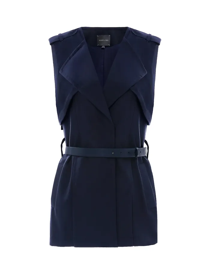 MARYLING Slip Dress Lapel Sleeveless Belted Vest Dark Blue 8211 Women