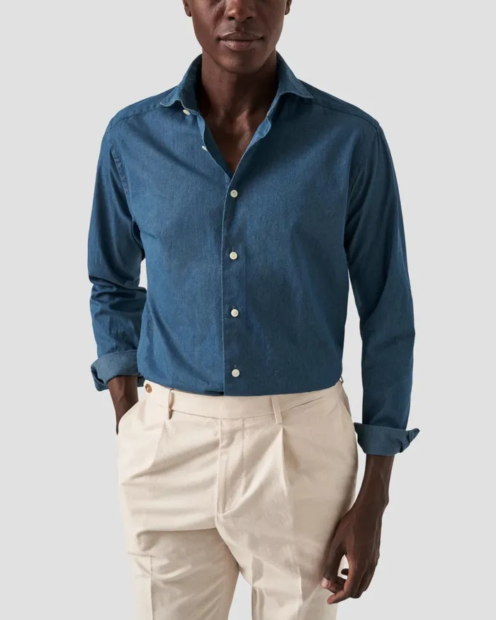 Men Mid Blue Denim Shirt Blue Eton Casual Shirts