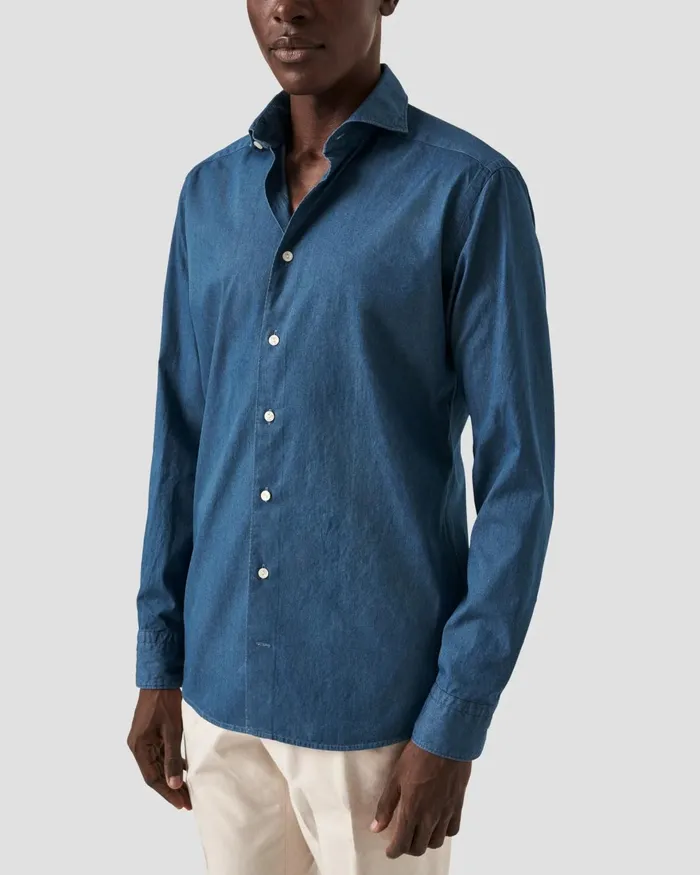 Men Mid Blue Denim Shirt Blue Eton Casual Shirts