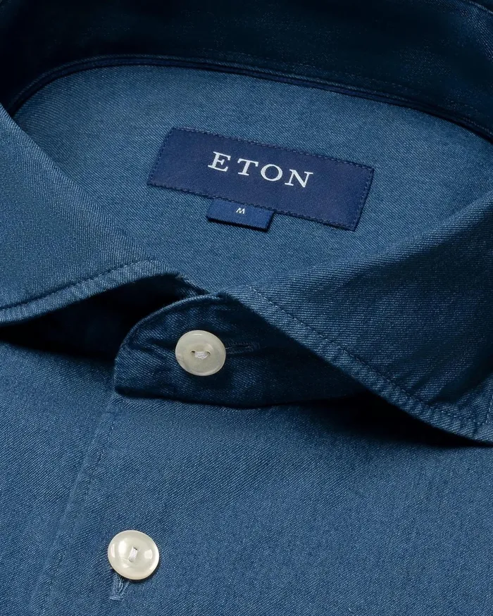 Men Mid Blue Denim Shirt Blue Eton Casual Shirts