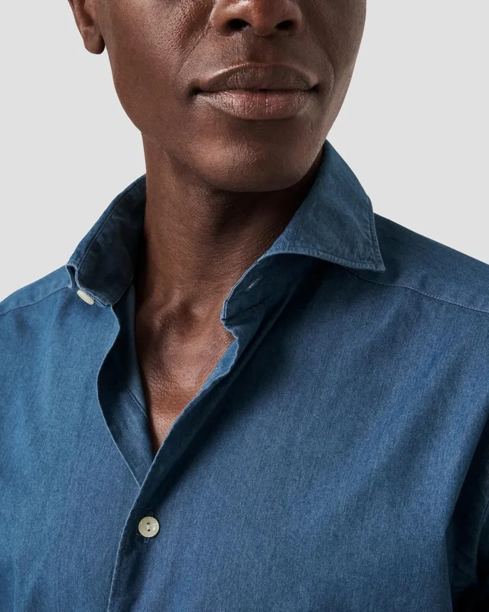 Men Mid Blue Denim Shirt Blue Eton Casual Shirts