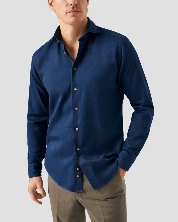 Men Navy Blue Satin Indigo Shirt Blue Eton Casual Shirts