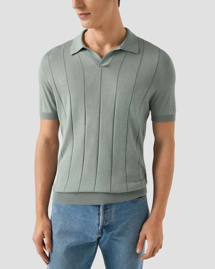 Men Open Collar Polo Shirt Green Eton Knitwear